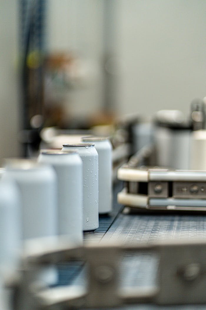 Focus on beer cans mid-production on a canning line with blurred background.
